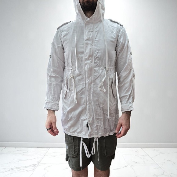 Diesel Hooded Parka Jacket White Linen Cotton‎ Zip Drawstring India S 20x32 Y2K - Picture 1 of 16